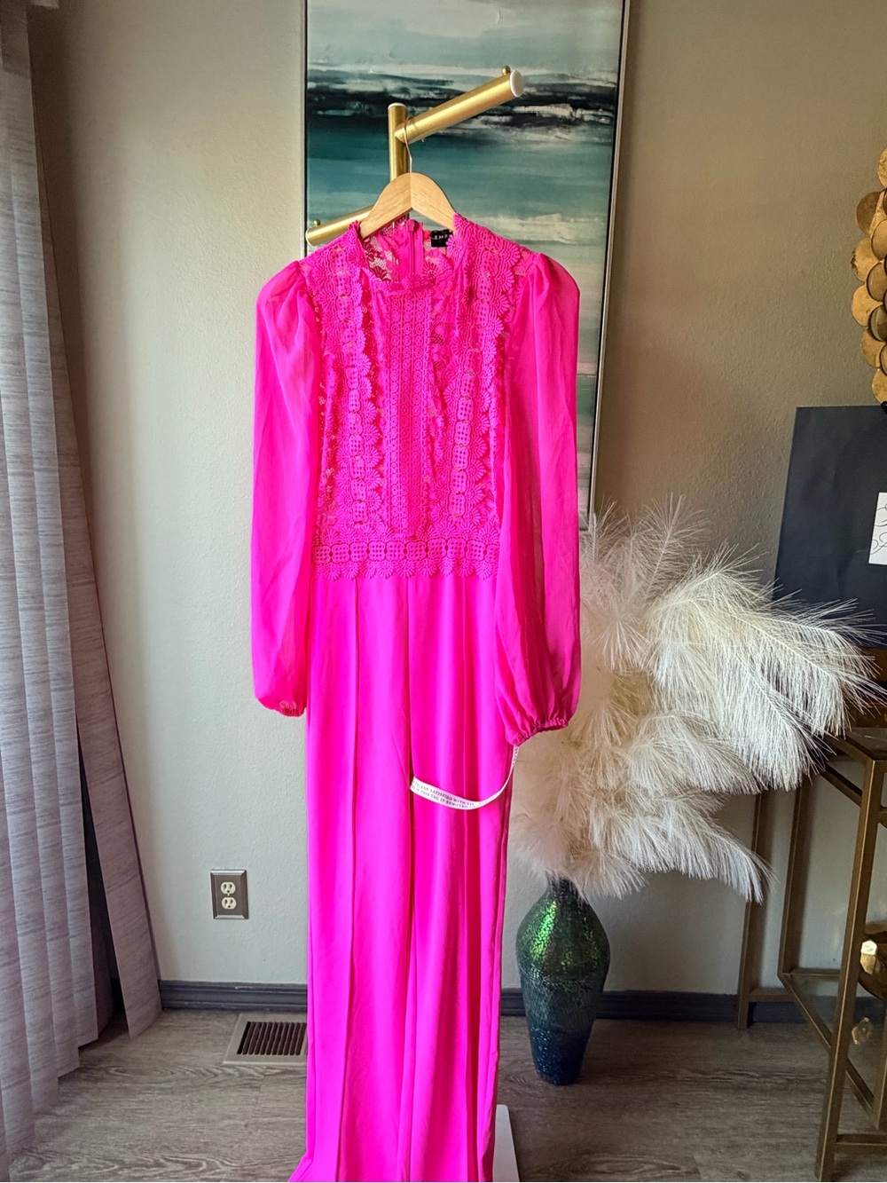 Emprada High-Neck Hot Pink Lace Bodice Wide-Leg Jumpsuit